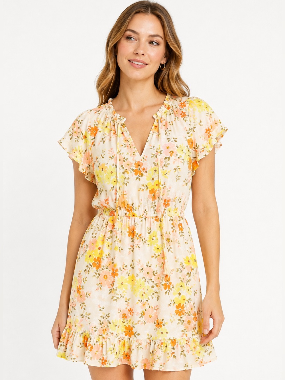 LC Lauren Conrad Women's Floral Flutter Sleeve Tie-Neck Dress- XS